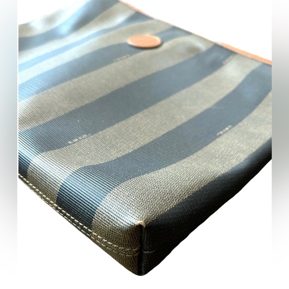 Vtg FENDI Pequin Stripe Brown Coated Canvas Long Strap Shoulder Crossbody Purse - Picture 6 of 9